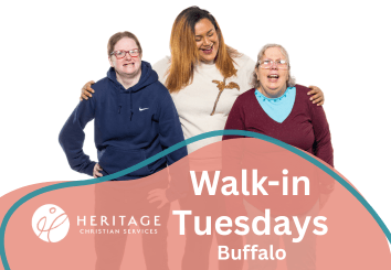 Three women smiling together, one with her arms around the others. Text reads: Walk-in Tuesdays Buffalo with the Heritage Christian Services logo. Join us in Buffalo for Walk-in Tuesdays! White background with a pink and teal graphic at the bottom.